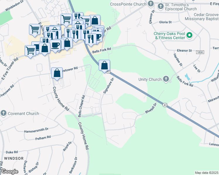 map of restaurants, bars, coffee shops, grocery stores, and more near Signature Drive in Greenville
