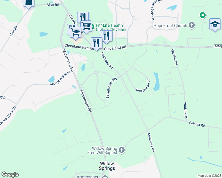 map of restaurants, bars, coffee shops, grocery stores, and more near 404 South Parliament Way in Clayton