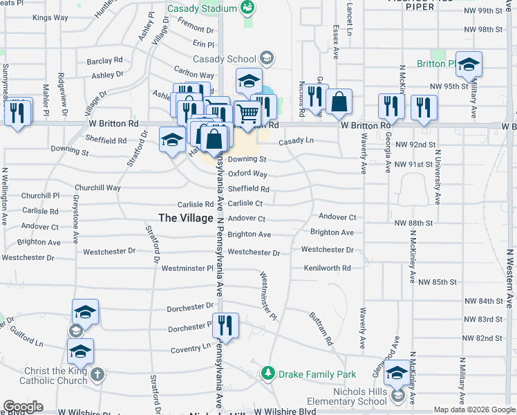 map of restaurants, bars, coffee shops, grocery stores, and more near 1604 Sheffield Road in The Village