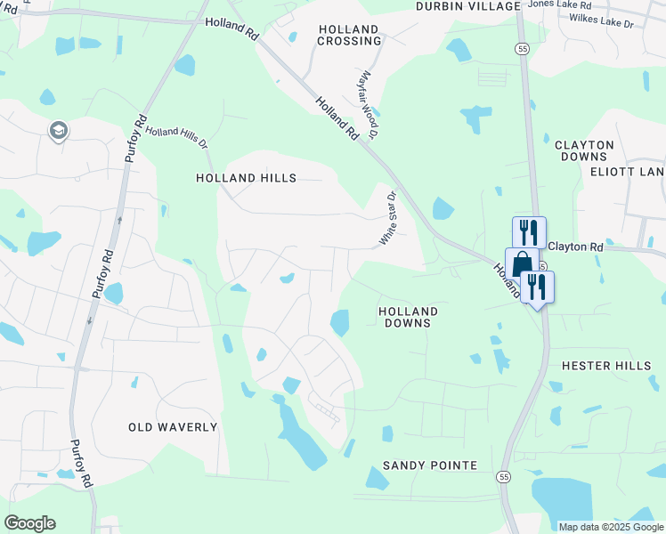map of restaurants, bars, coffee shops, grocery stores, and more near Buxus Court in Fuquay-Varina