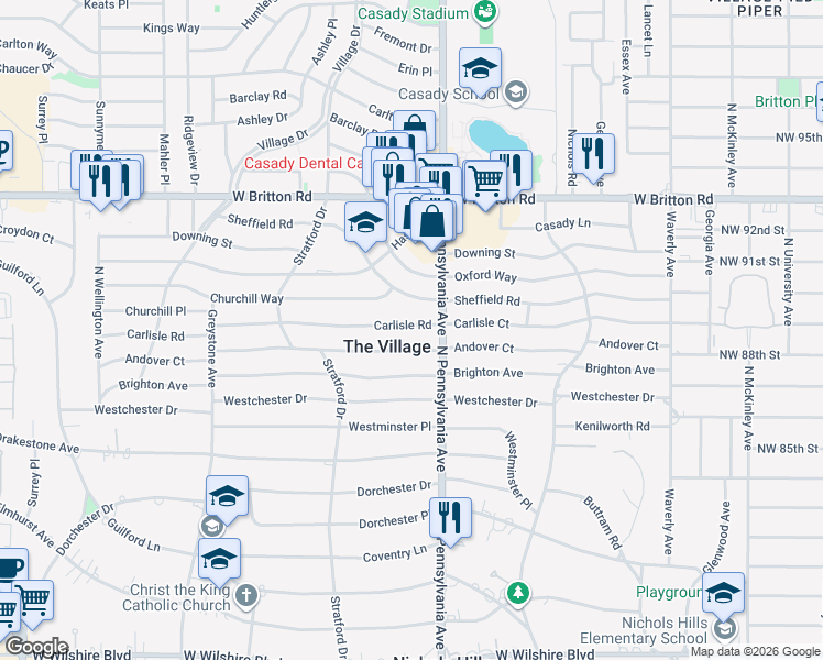 map of restaurants, bars, coffee shops, grocery stores, and more near 1717 Carlisle Road in The Village