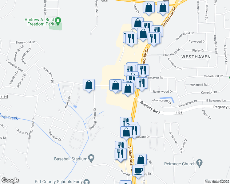 map of restaurants, bars, coffee shops, grocery stores, and more near 801 Thomas Langston Road in Winterville