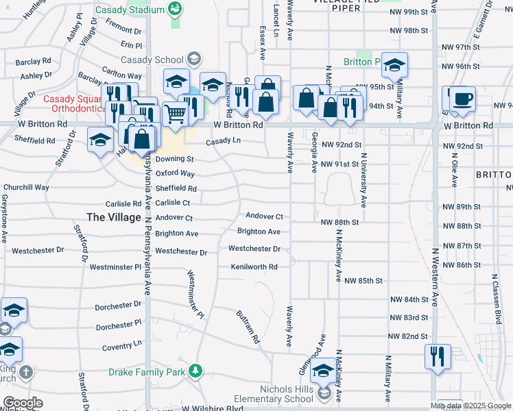map of restaurants, bars, coffee shops, grocery stores, and more near 1404 Carlisle Court in Oklahoma City