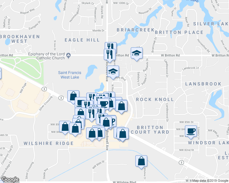 map of restaurants, bars, coffee shops, grocery stores, and more near 9017 North Rockwell Drive in Oklahoma City