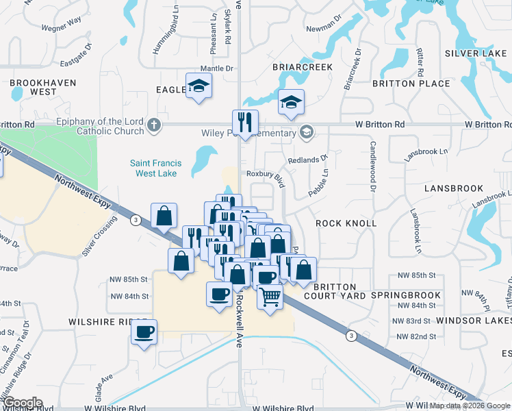 map of restaurants, bars, coffee shops, grocery stores, and more near 9017 North Rockwell Drive in Oklahoma City