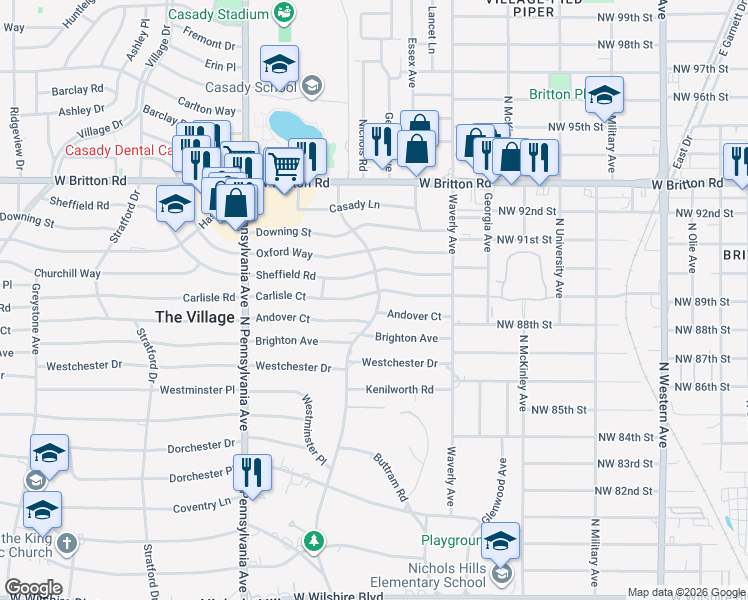 map of restaurants, bars, coffee shops, grocery stores, and more near 1415 Carlisle Court in The Village