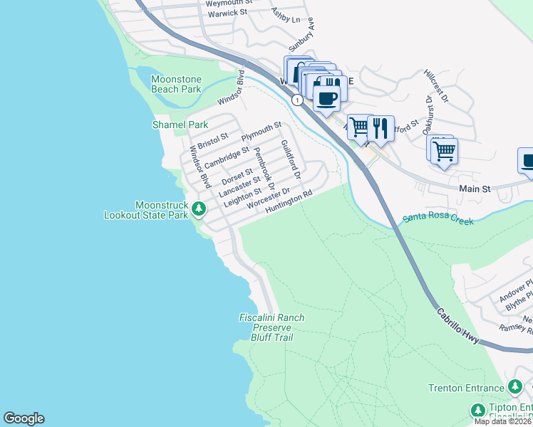 map of restaurants, bars, coffee shops, grocery stores, and more near 404 Huntington Road in Cambria