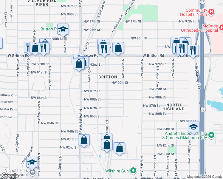 map of restaurants, bars, coffee shops, grocery stores, and more near 740 Northwest 90th Street in Oklahoma City