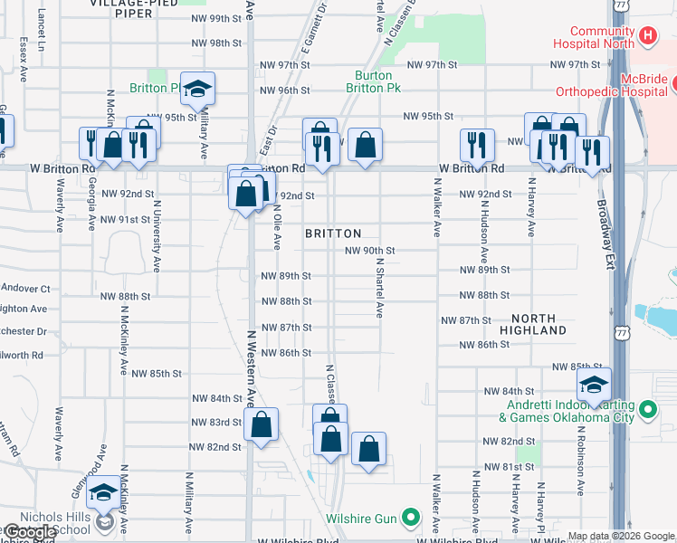 map of restaurants, bars, coffee shops, grocery stores, and more near 740 Northwest 90th Street in Oklahoma City