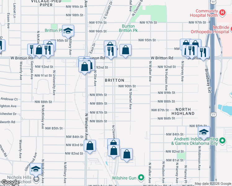map of restaurants, bars, coffee shops, grocery stores, and more near 740 Northwest 90th Street in Oklahoma City