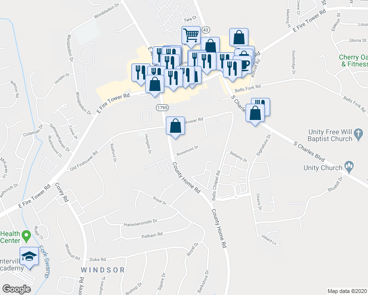 map of restaurants, bars, coffee shops, grocery stores, and more near 1903 Rosemont Drive in Greenville