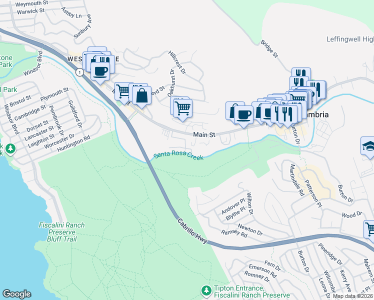 map of restaurants, bars, coffee shops, grocery stores, and more near 1226 Main Street in Cambria