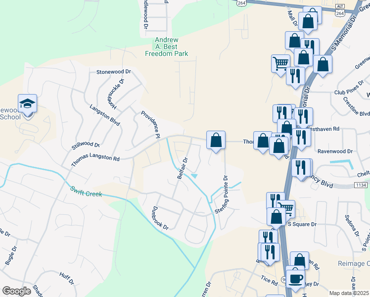 map of restaurants, bars, coffee shops, grocery stores, and more near 1330 Thomas Langston Rd in Greenville