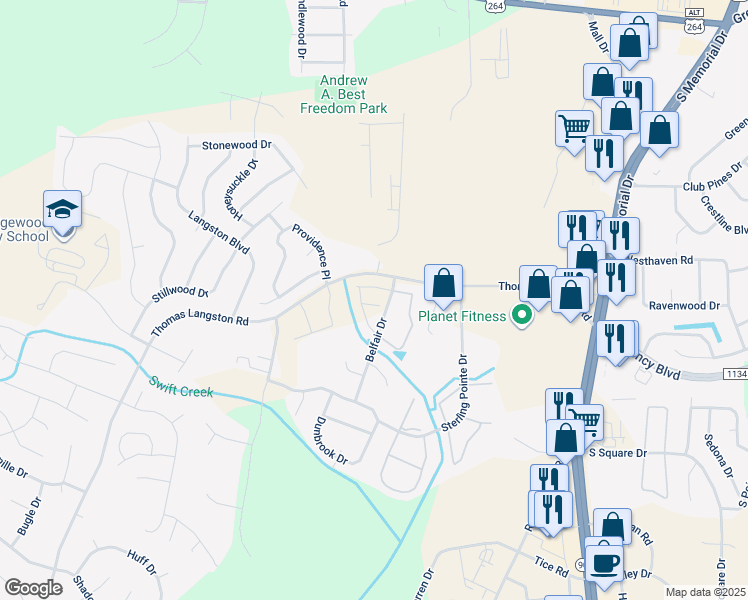 map of restaurants, bars, coffee shops, grocery stores, and more near 1330 Thomas Langston Rd in Greenville
