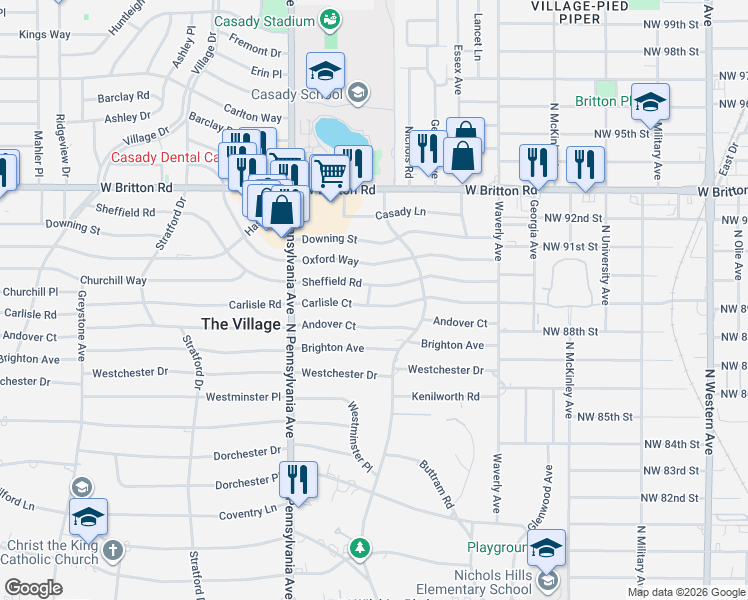 map of restaurants, bars, coffee shops, grocery stores, and more near 1512 Sheffield Road in The Village