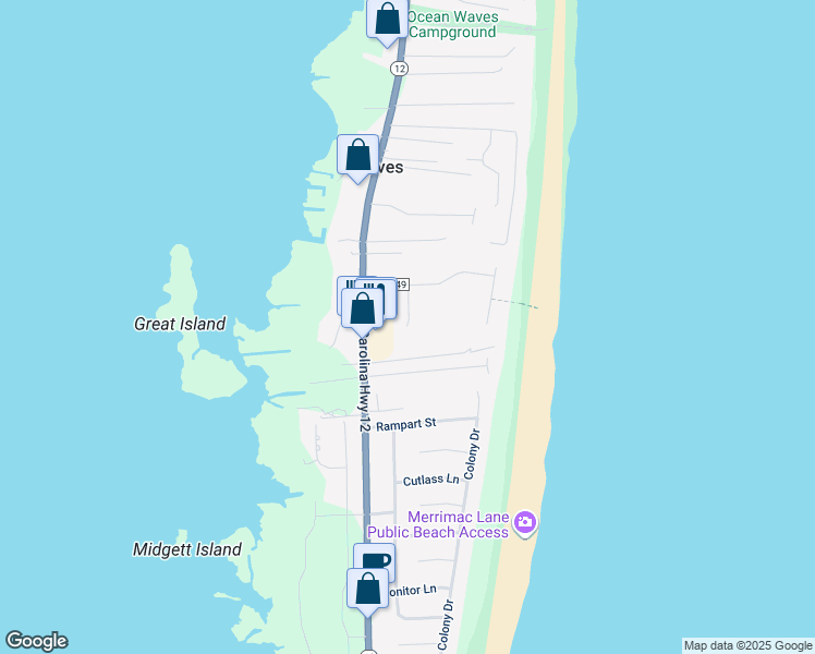 map of restaurants, bars, coffee shops, grocery stores, and more near 25105 Sea Vista Court in Nags Head