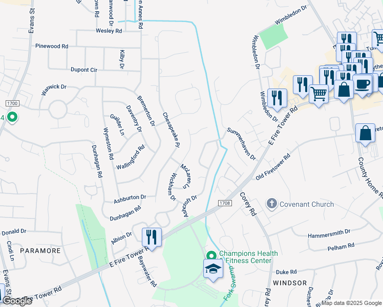 map of restaurants, bars, coffee shops, grocery stores, and more near 817 Wickham Drive in Winterville