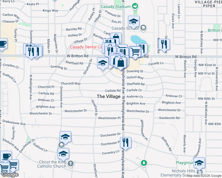 map of restaurants, bars, coffee shops, grocery stores, and more near 1717 Carlisle Road in The Village