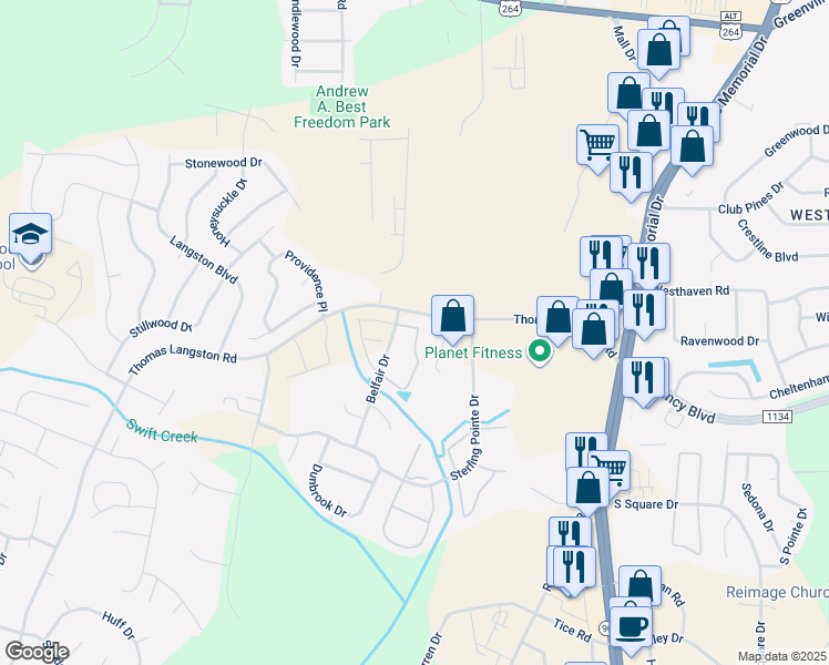 map of restaurants, bars, coffee shops, grocery stores, and more near 3800 East Vancroft Circle in Winterville