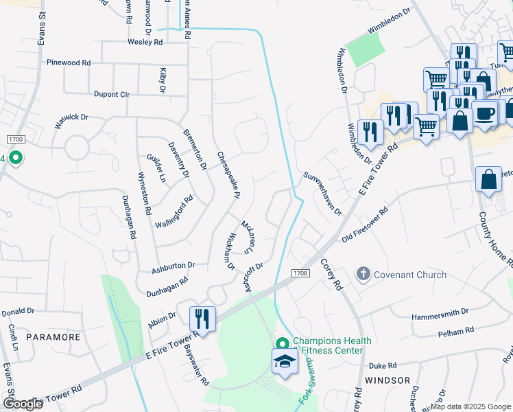 map of restaurants, bars, coffee shops, grocery stores, and more near 817 Wickham Drive in Winterville