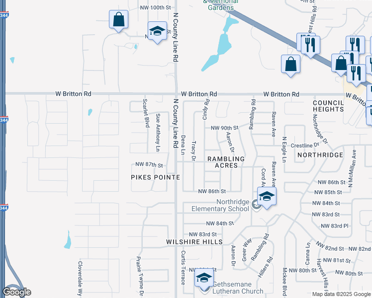 map of restaurants, bars, coffee shops, grocery stores, and more near 8816 Dena Lane in Oklahoma City