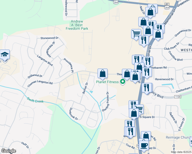 map of restaurants, bars, coffee shops, grocery stores, and more near 3805 East Vancroft Circle in Winterville