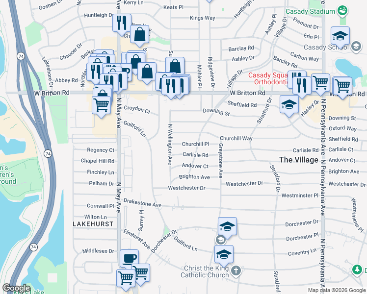 map of restaurants, bars, coffee shops, grocery stores, and more near 2224 Churchill Place in The Village
