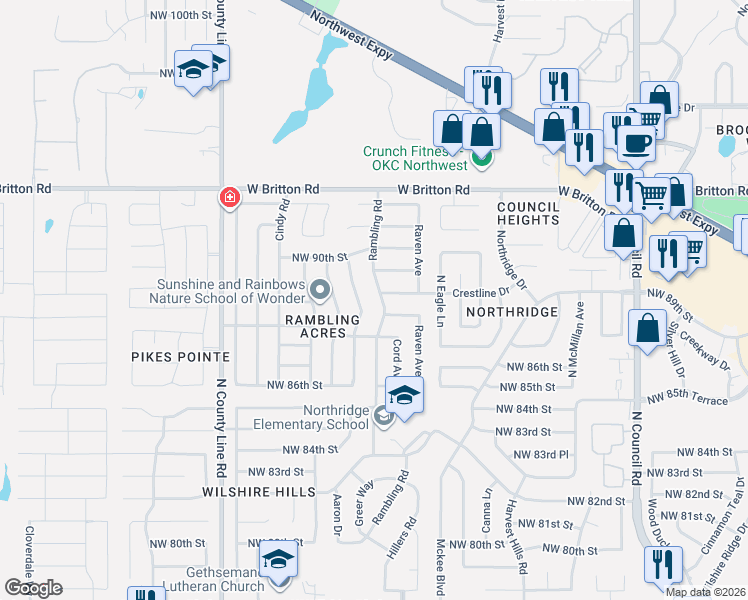 map of restaurants, bars, coffee shops, grocery stores, and more near 8928 Tilman Drive in Oklahoma City