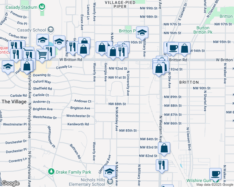 map of restaurants, bars, coffee shops, grocery stores, and more near 9017 North University Avenue in Oklahoma City