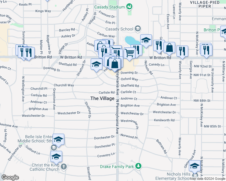map of restaurants, bars, coffee shops, grocery stores, and more near 1700 Sheffield Road in The Village
