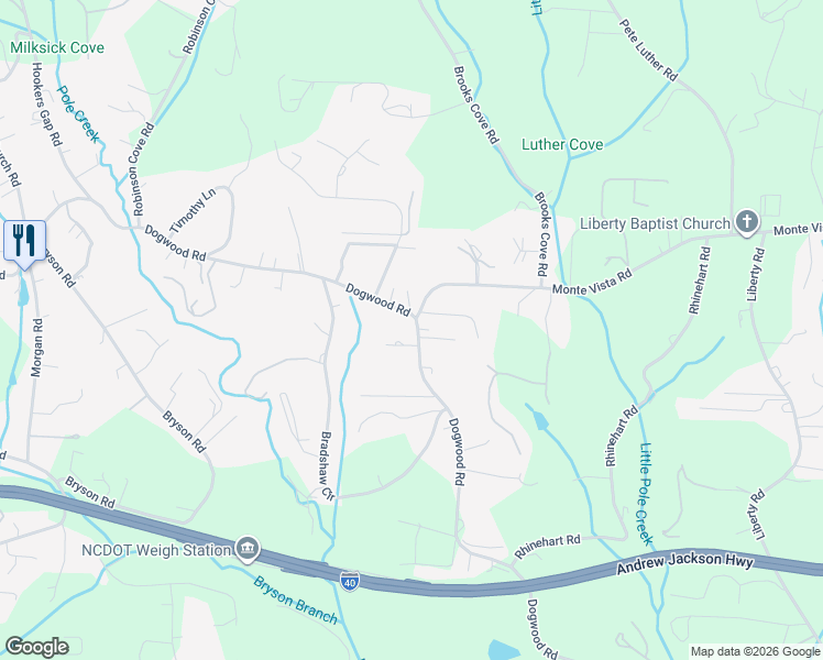 map of restaurants, bars, coffee shops, grocery stores, and more near 193 Dogwood Road in Candler