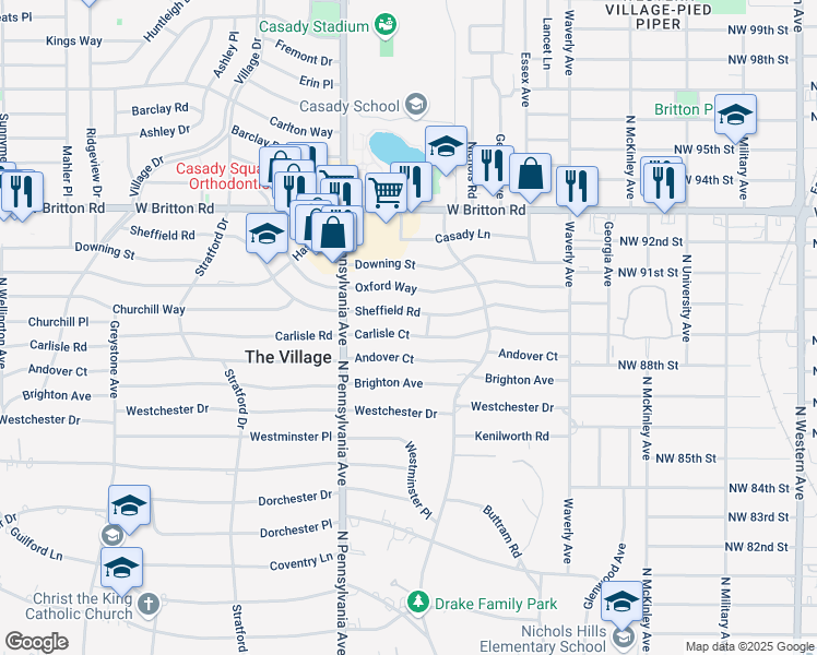 map of restaurants, bars, coffee shops, grocery stores, and more near 1604 Sheffield Road in The Village