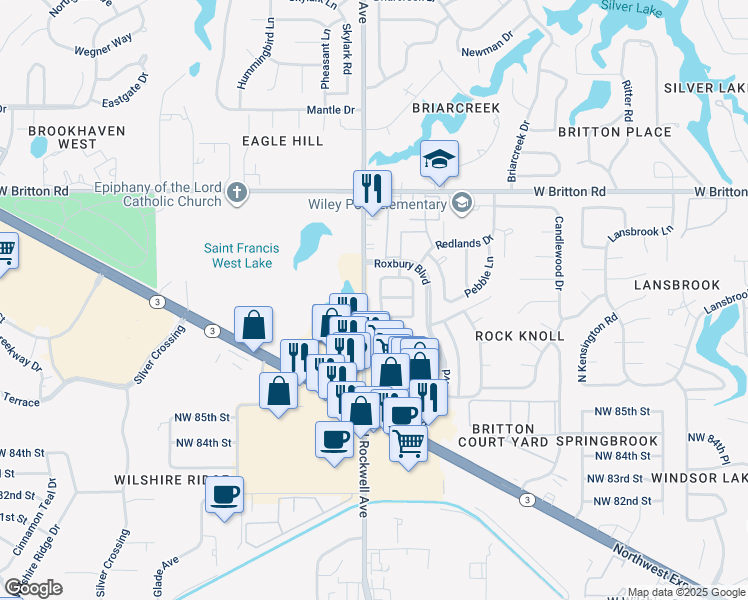 map of restaurants, bars, coffee shops, grocery stores, and more near 9013 North Rockwell Drive in Oklahoma City