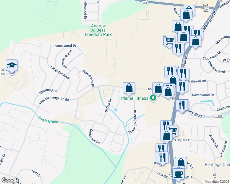 map of restaurants, bars, coffee shops, grocery stores, and more near 3800 East Vancroft Circle in Winterville