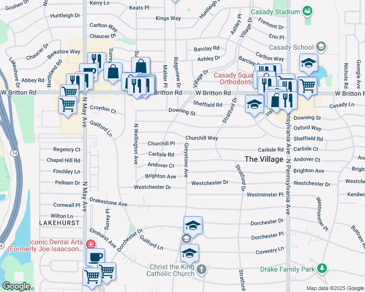 map of restaurants, bars, coffee shops, grocery stores, and more near 2104 Churchill Place in The Village