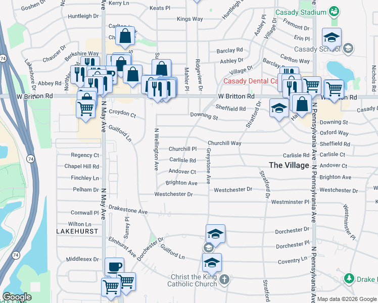 map of restaurants, bars, coffee shops, grocery stores, and more near 2132 Churchill Place in The Village