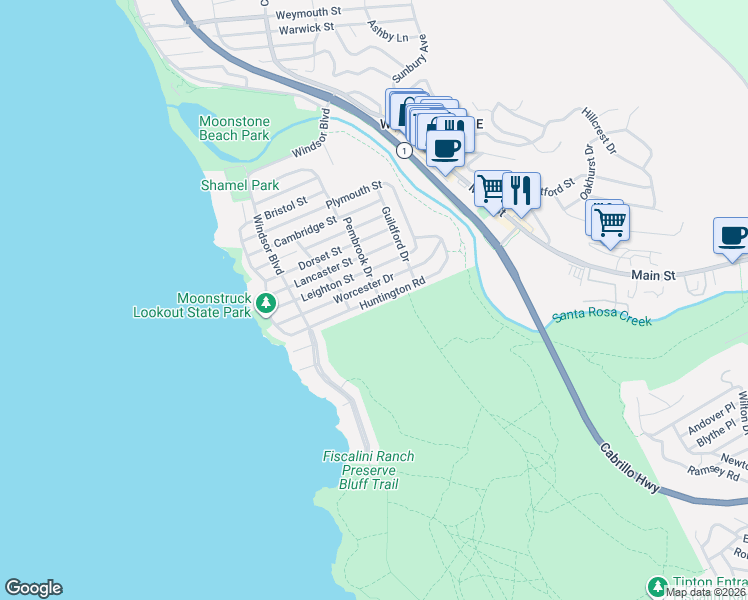 map of restaurants, bars, coffee shops, grocery stores, and more near 380 Huntington Road in Cambria