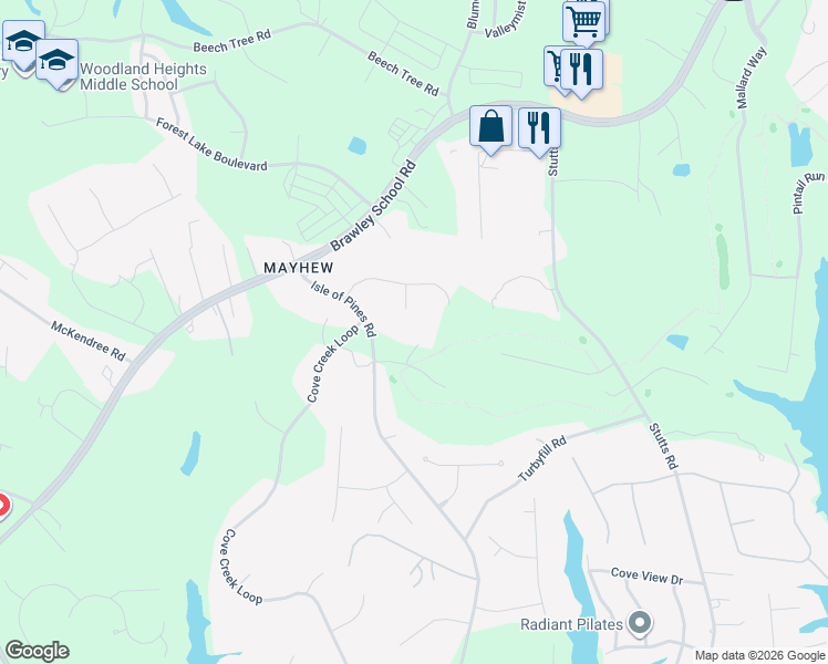 map of restaurants, bars, coffee shops, grocery stores, and more near 114 Misty Meadows Court in Mooresville
