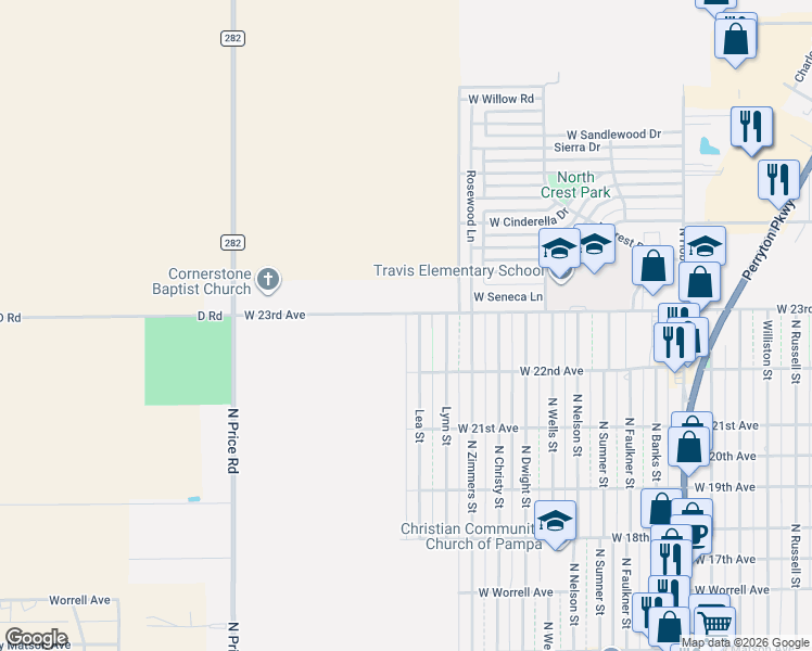 map of restaurants, bars, coffee shops, grocery stores, and more near 2239 Lea Street in Pampa