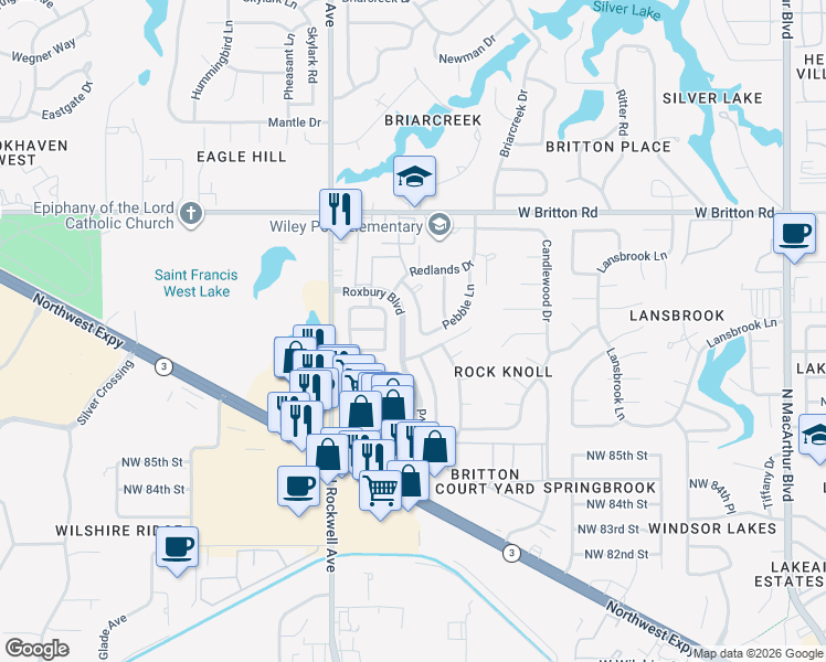 map of restaurants, bars, coffee shops, grocery stores, and more near 9013 Rolling Green Avenue in Oklahoma City