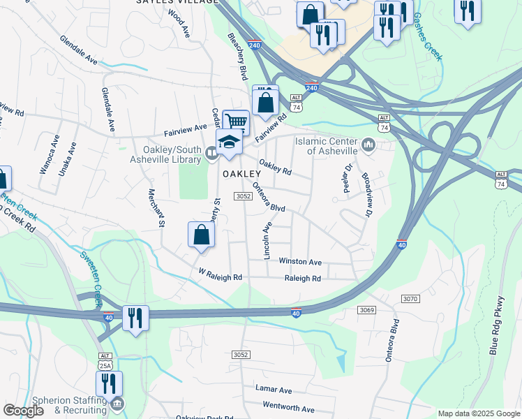 map of restaurants, bars, coffee shops, grocery stores, and more near 65 Onteora Blvd in Asheville