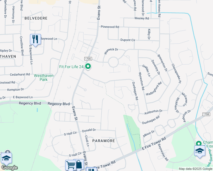 map of restaurants, bars, coffee shops, grocery stores, and more near 3840 Dunhagan Road in Greenville