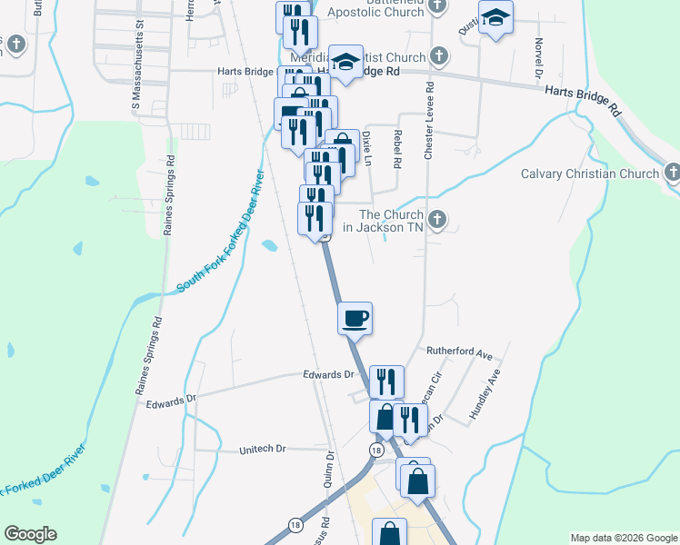 map of restaurants, bars, coffee shops, grocery stores, and more near 1798 South Highland Avenue in Jackson