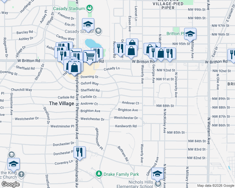 map of restaurants, bars, coffee shops, grocery stores, and more near 1415 Carlisle Court in The Village