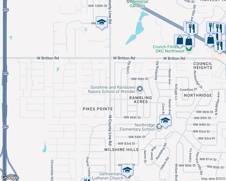 map of restaurants, bars, coffee shops, grocery stores, and more near 8901 Dena Lane in Oklahoma City