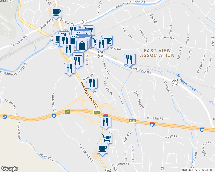 map of restaurants, bars, coffee shops, grocery stores, and more near 48 Shady Oak Drive in Asheville