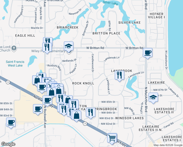 map of restaurants, bars, coffee shops, grocery stores, and more near 6505 Westrock Drive in Oklahoma City