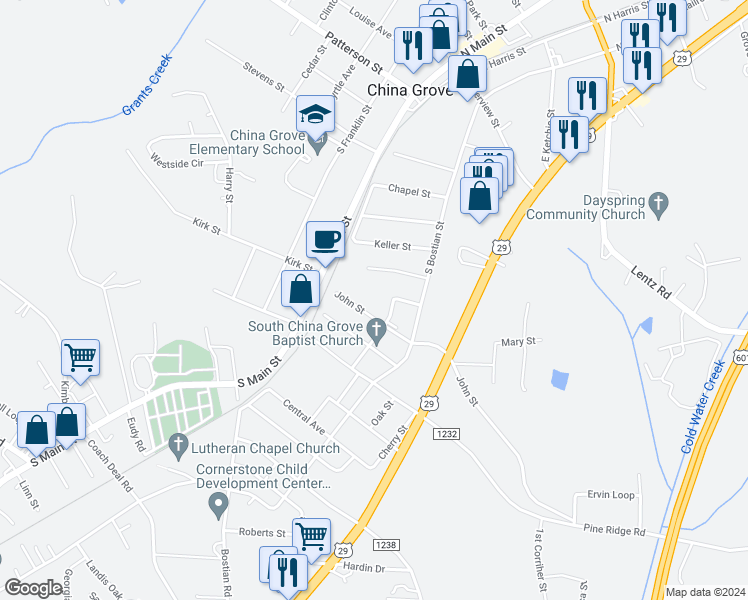 map of restaurants, bars, coffee shops, grocery stores, and more near 407 John Street in China Grove