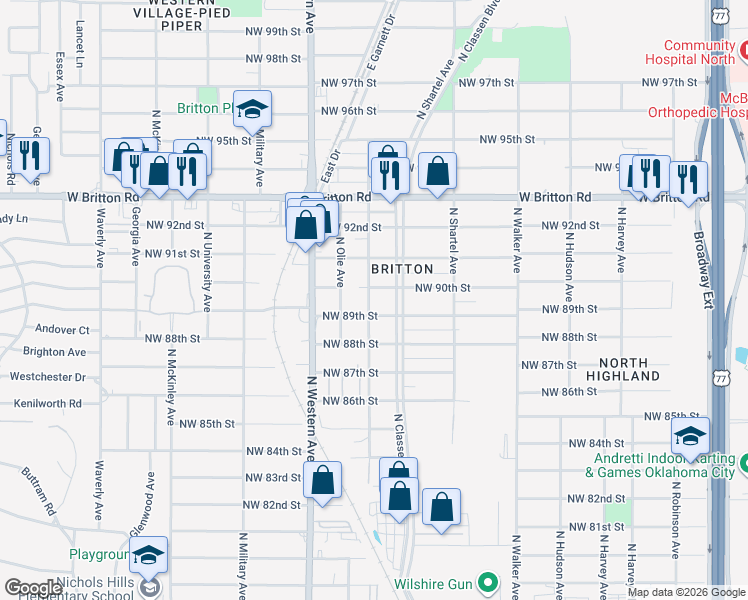 map of restaurants, bars, coffee shops, grocery stores, and more near 9020 North Francis Avenue in Oklahoma City