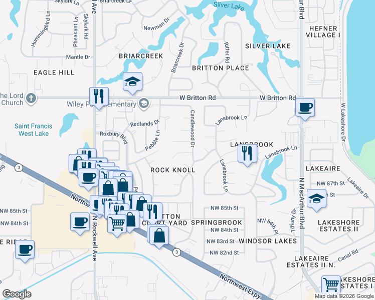 map of restaurants, bars, coffee shops, grocery stores, and more near 6505 Westrock Drive in Oklahoma City